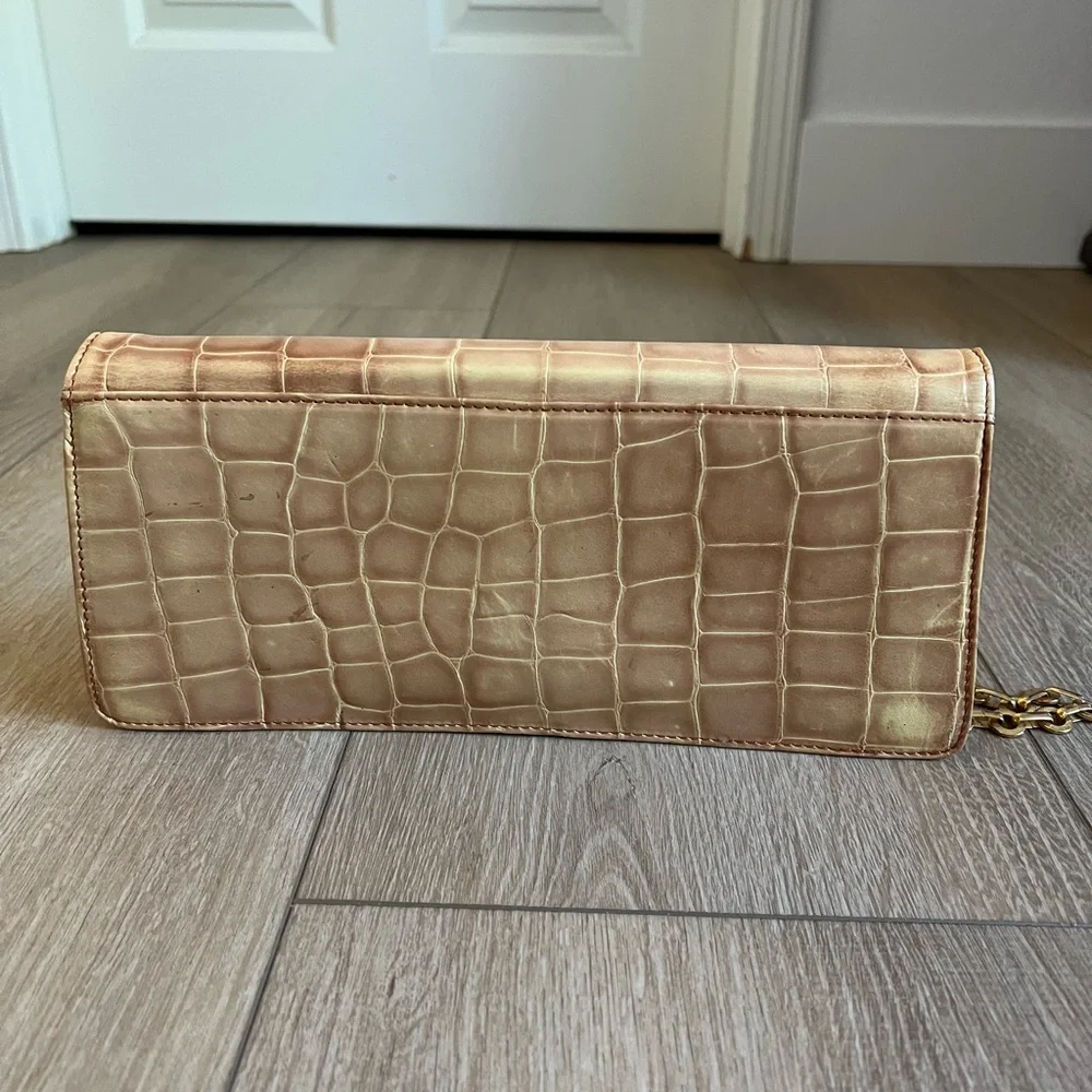 Cynthia Rowley Tan Crocodile-Embossed Clutch with Gold Chain